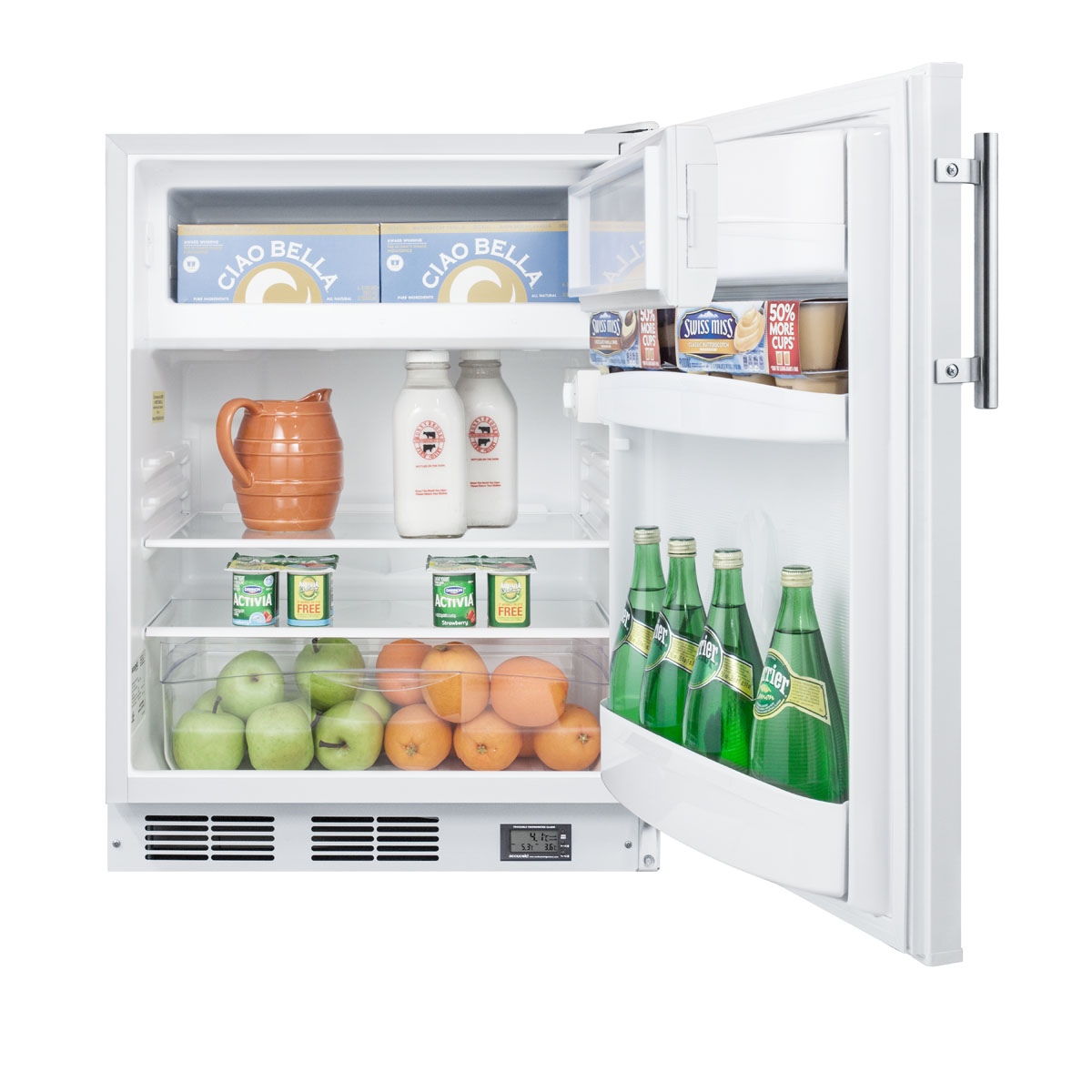 Counter height break room refrigerator-freezer in white with NIST calibrated thermometer and alarm
